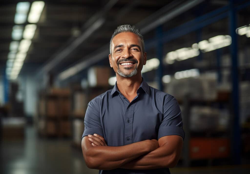 Male warehouse worker portrait standing with arms crossed in warehouse storage.